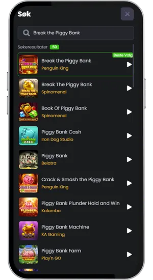 Casinobibliotek med sökfunktion och Break the Piggy Bank slot redo att spelas